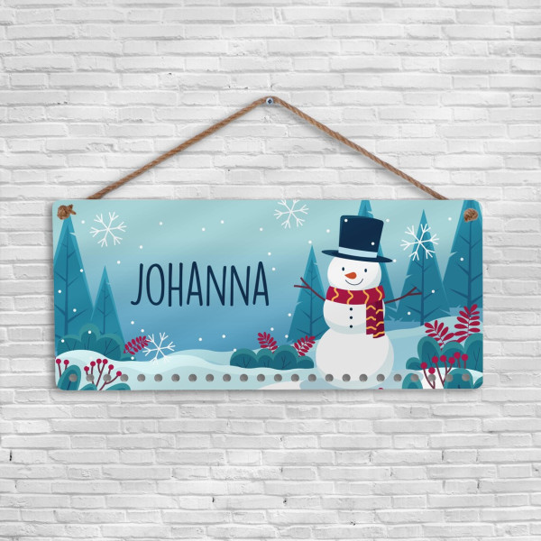 Adventskalender 45x20cm Holz personalisierbar Motiv 18 Schneemann im Wald