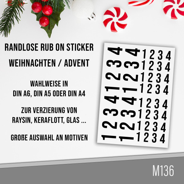 randlose Rub-on Sticker M136 Zahlen für Adventkranz