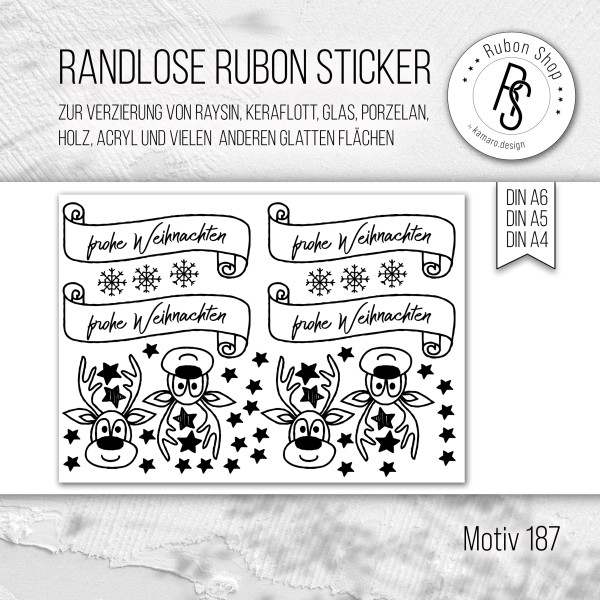 randlose Rub-on Sticker M187 frohe Weihnachten Rentiere